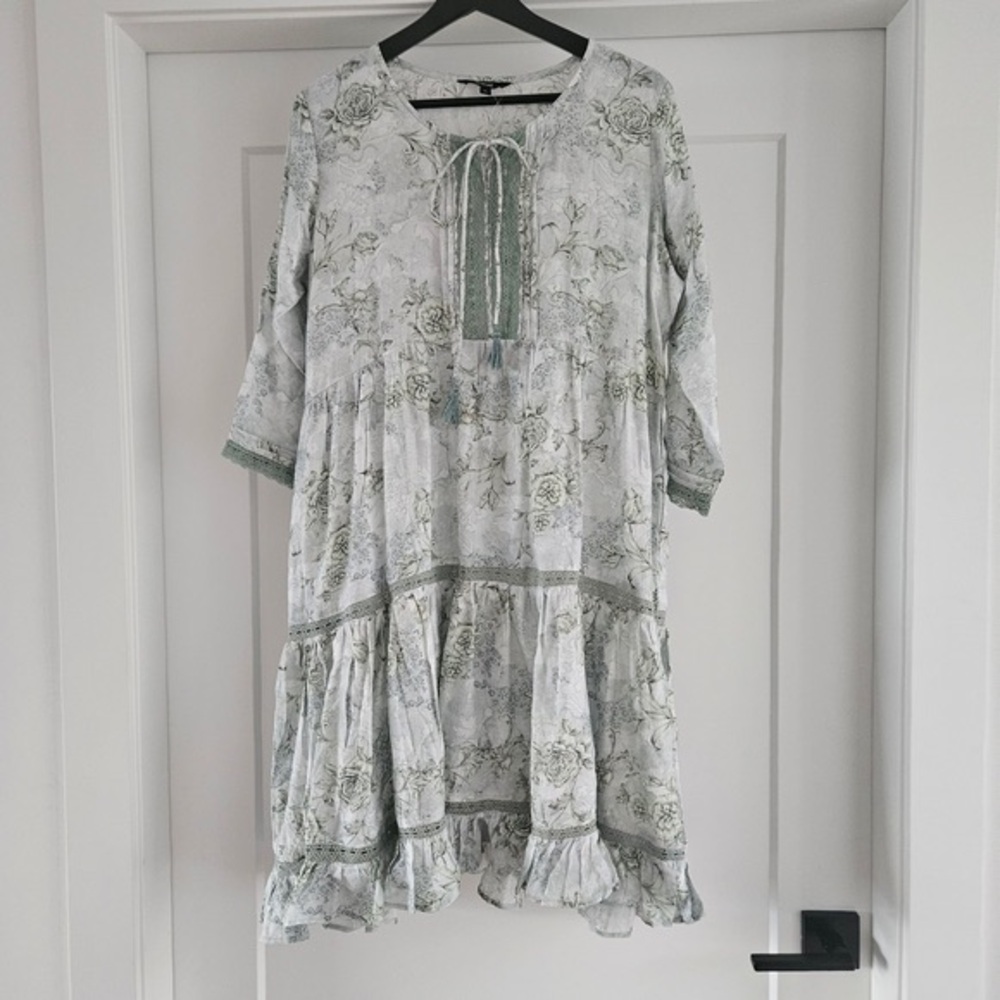 Boho Green Floral Tie-Neck Mini Dress